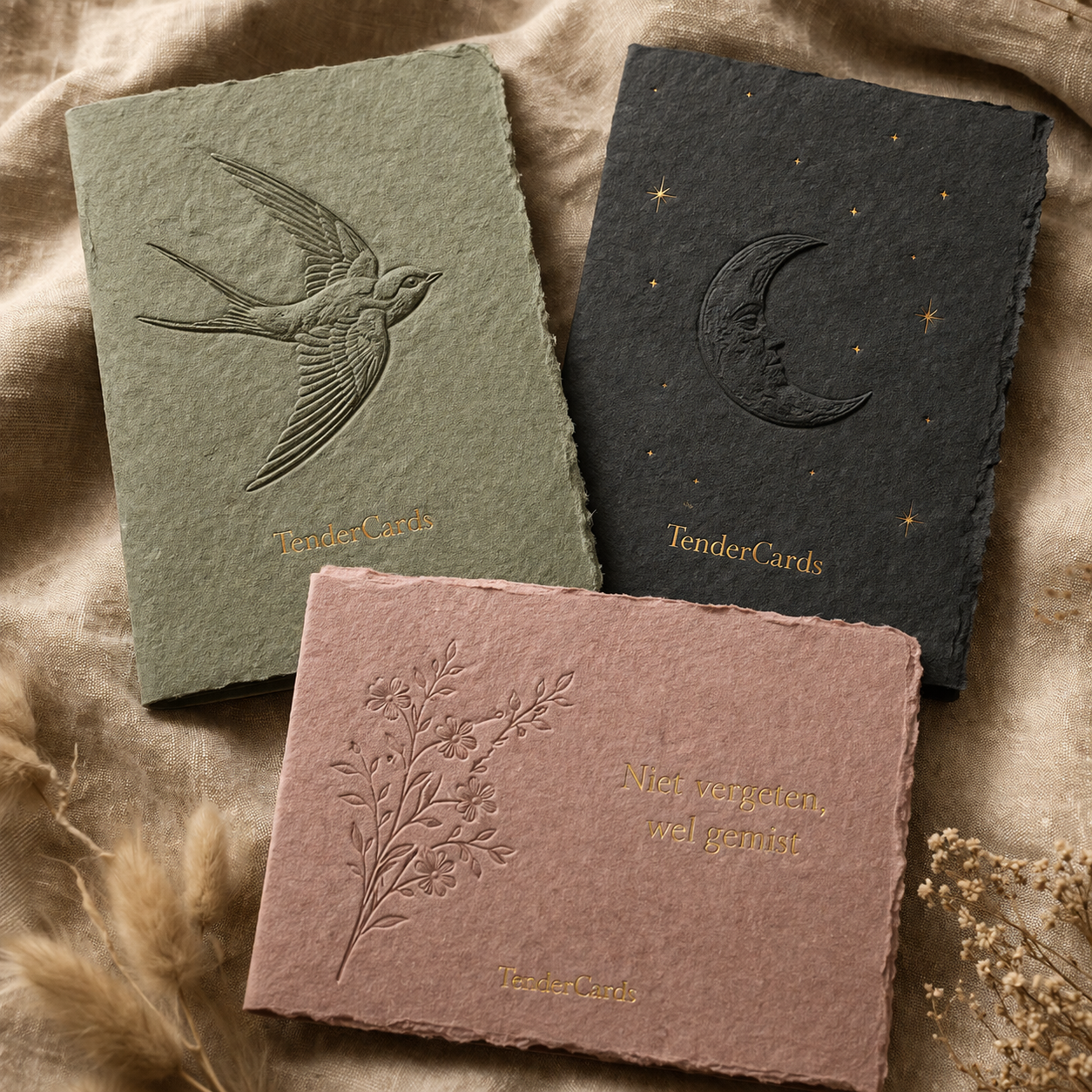 TenderCards — drie premium handgemaakte kaarten met blinddruk en goudfolie